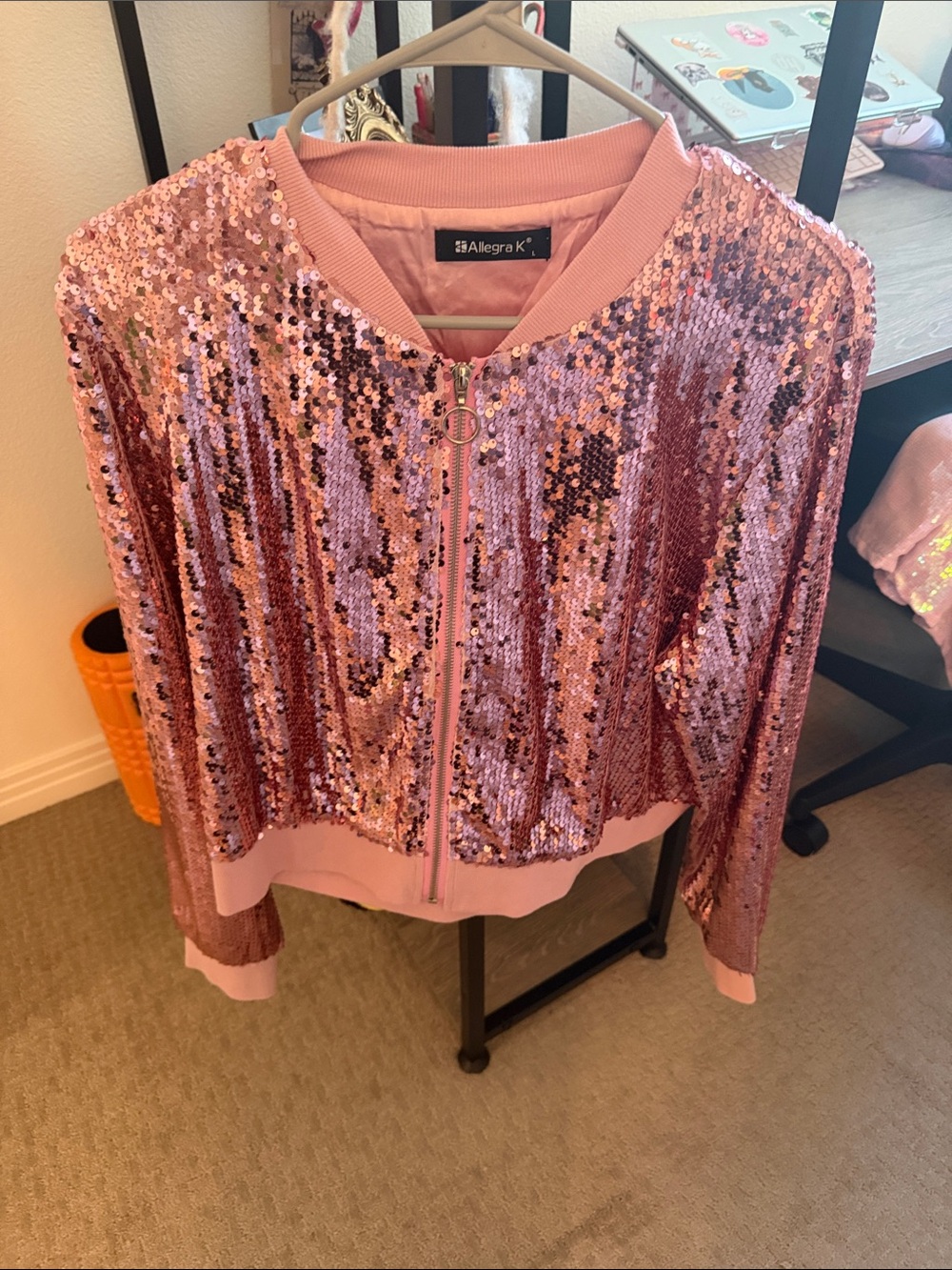 Allegra K Rose Pink Sequin Bomber Jacket